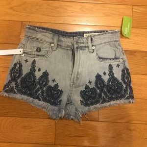 blue embroidered Denim shorts